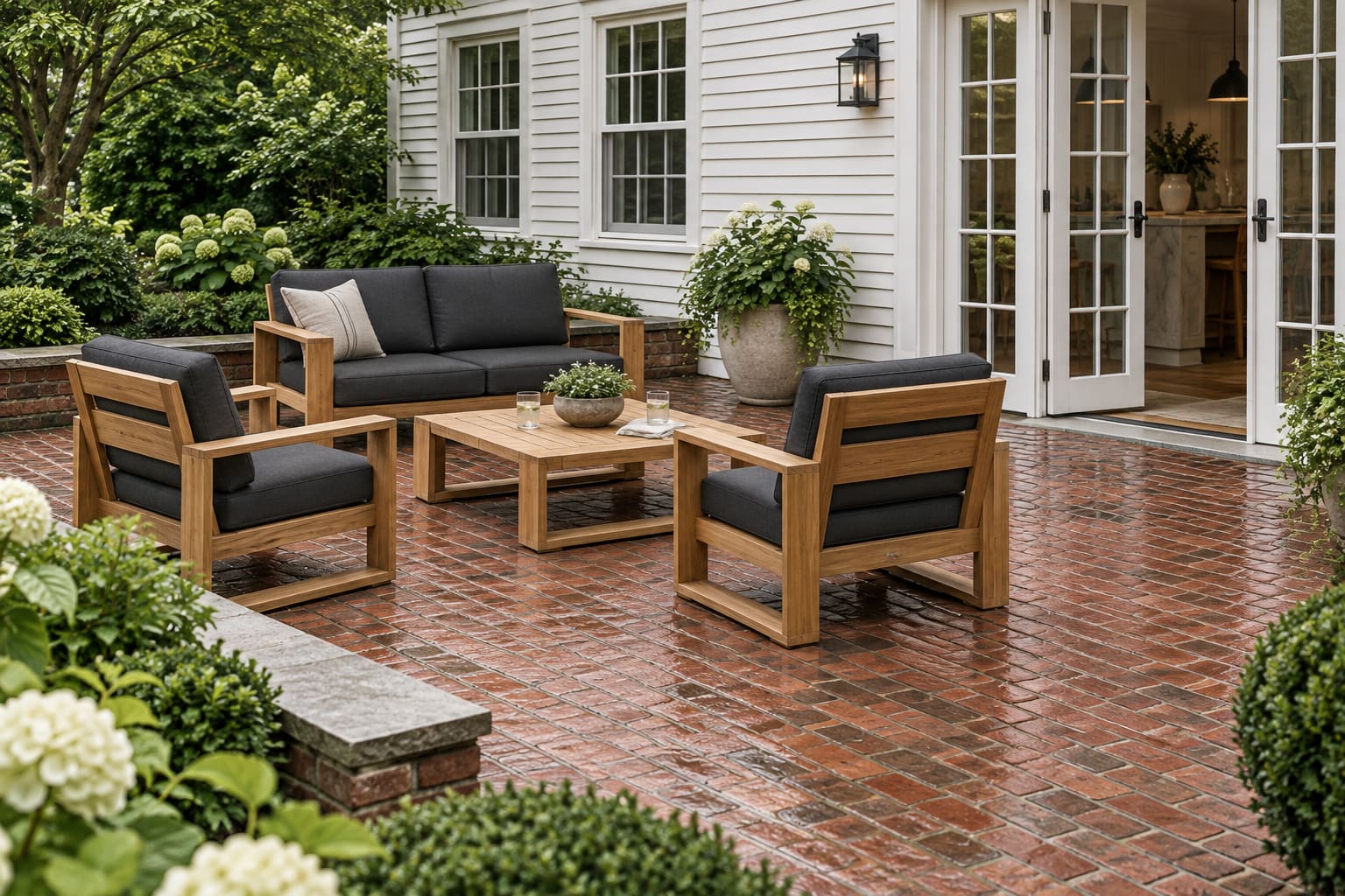 Brick terrace beside pale French doors, with a teak loveseat, two charcoal-cushioned chairs and a square coffee table.