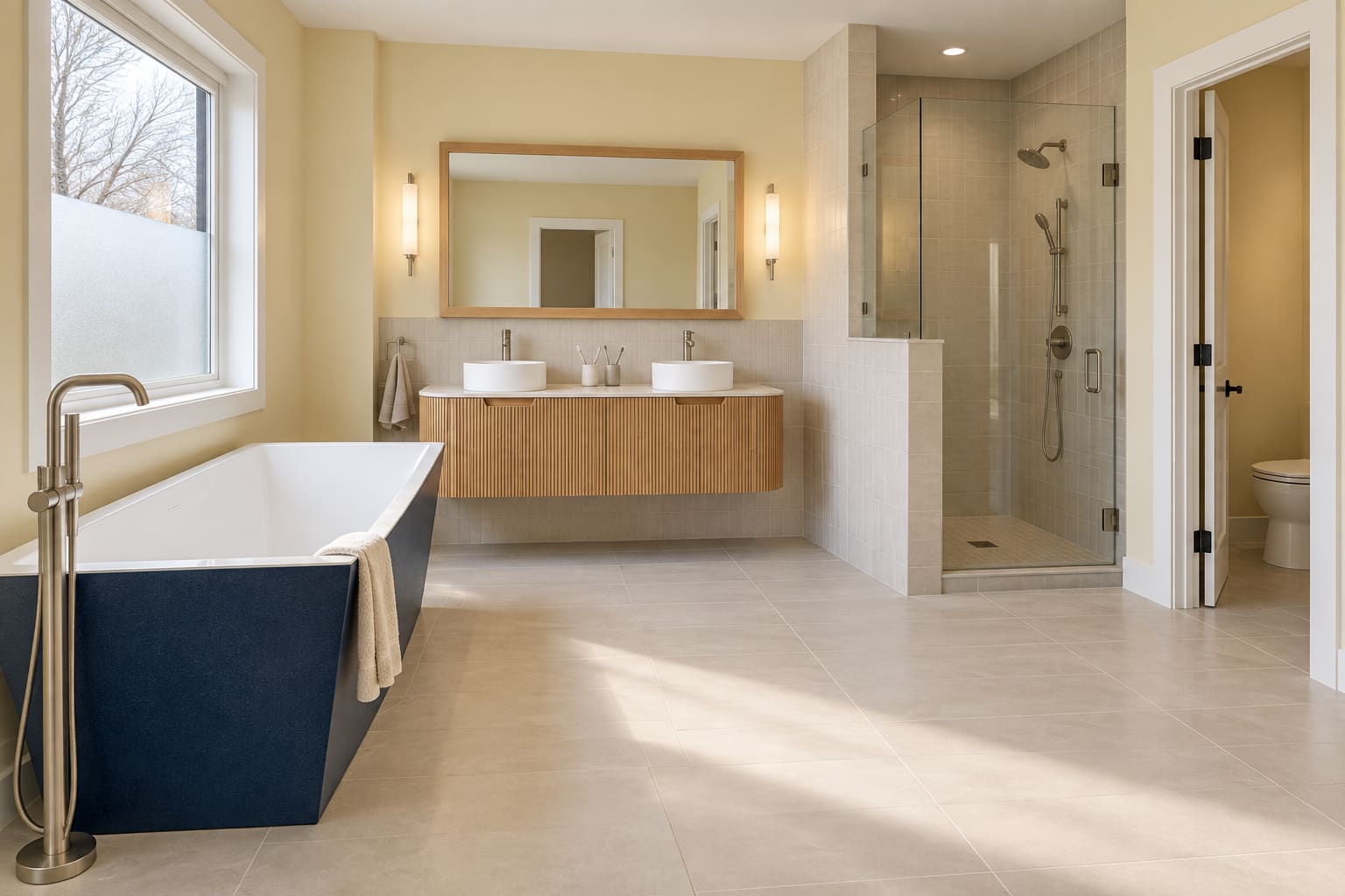 Pale yellow primary bathroom with a blue rectangular tub, fluted woodgrain double vanity and separate shower and toilet.