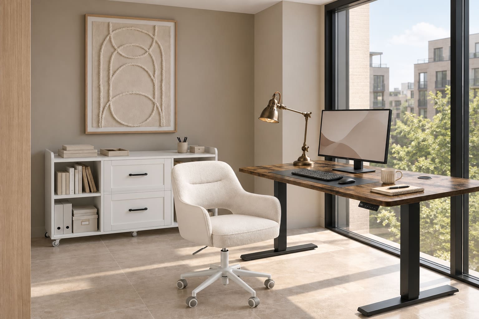 Modern apartment workspace with full-height black-framed glazing, a rustic-brown VASAGLE standing desk, white fabric swivel chair, white filing cabinet, brass task lamp and neutral textured artwork.