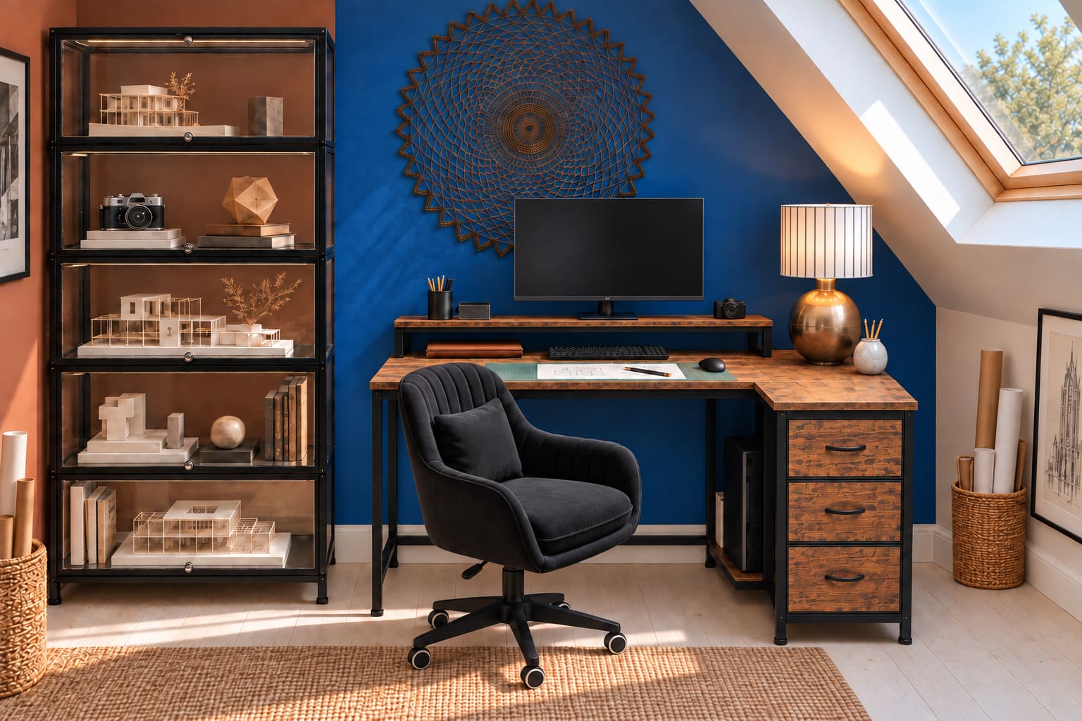 Creative attic workspace with a cobalt gable wall, rooflight, rustic-brown Cliporix L-shaped desk, black velvet chair, enclosed five-tier display cabinet and large rust wire artwork.
