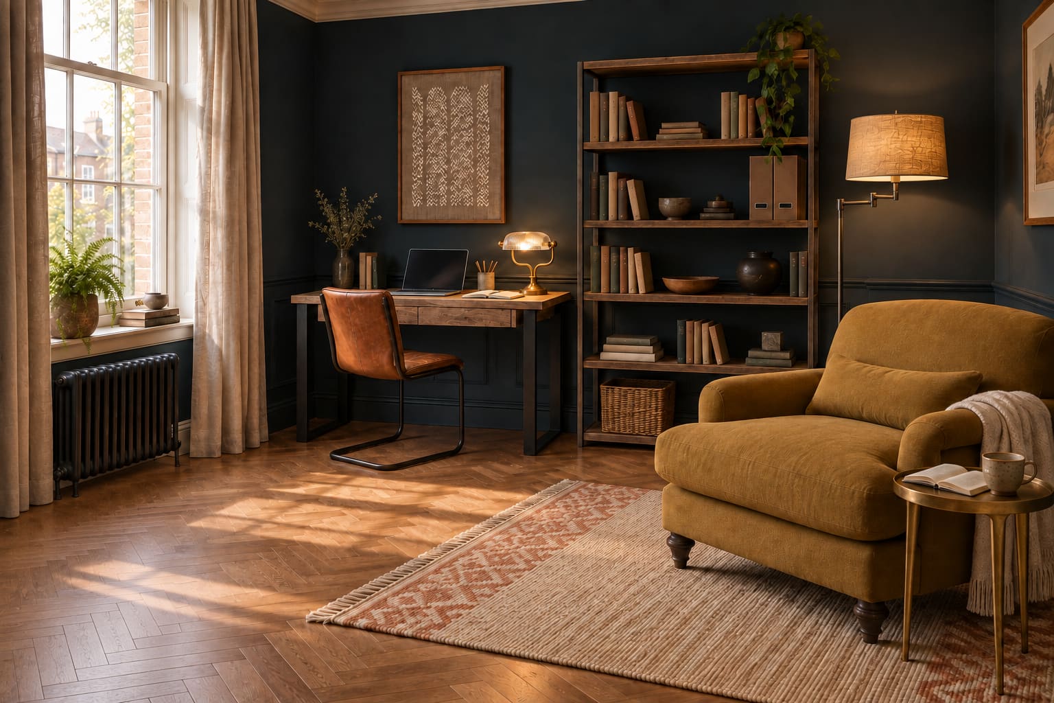 Cosy ink-blue Edwardian study with a Fia desk against the wall, tan leather desk chair, full Marjori shelves and deep ochre Deni armchair beside a brass table and jute-shaded floor lamp.