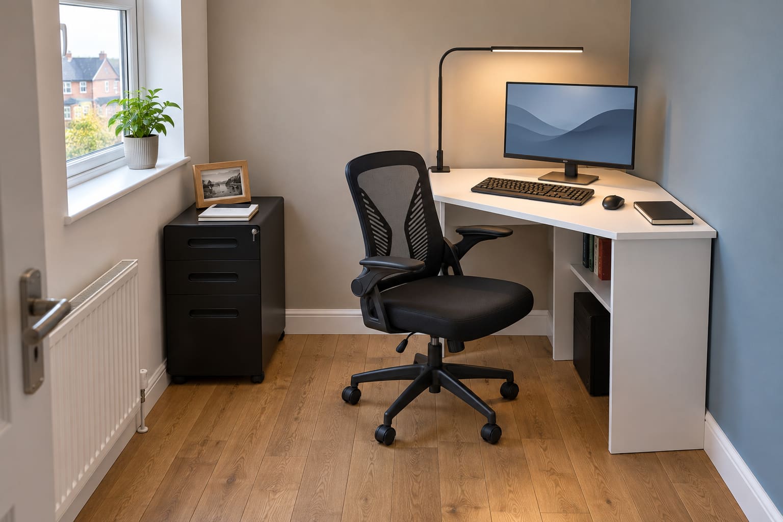 Compact dusty-blue and putty home office with a white Panana corner desk, black Durrafy mesh chair, separate Vinsetto filing cabinet and slim clamp lamp beside a casement window.