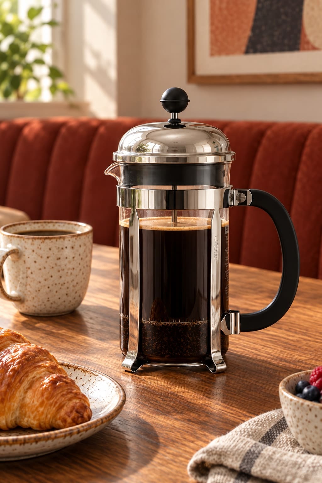 A chrome-framed glass cafetiere filled with coffee, with a black handle and domed lid, on a wooden breakfast table.
