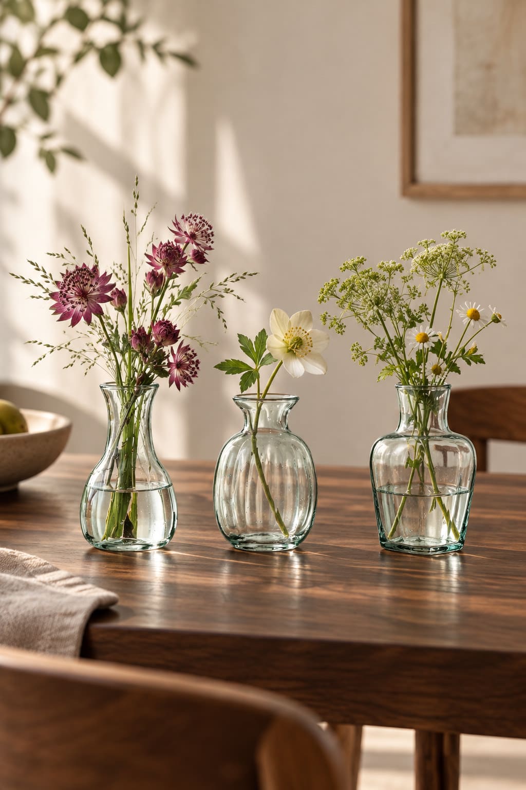 Three small pale-green glass vases with different profiles holding flowers on a wooden dining table.