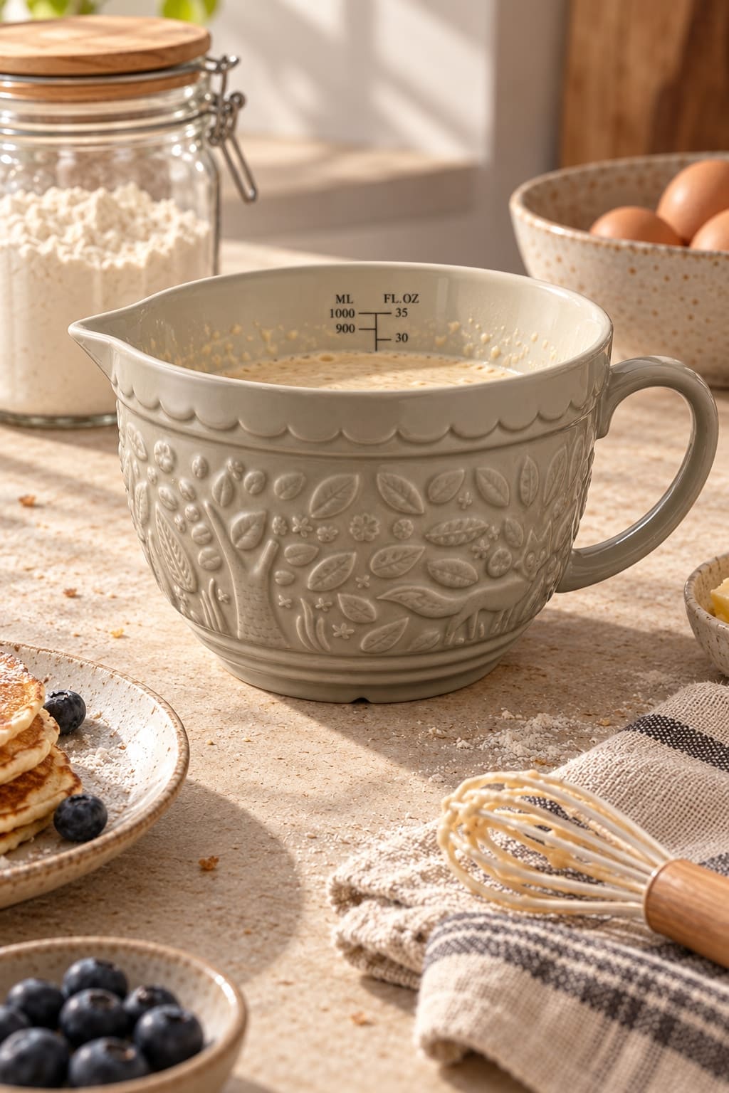 A stone-grey woodland measuring jug holding pancake batter, with a whisk on checked linen and eggs and flour on the pale counter.