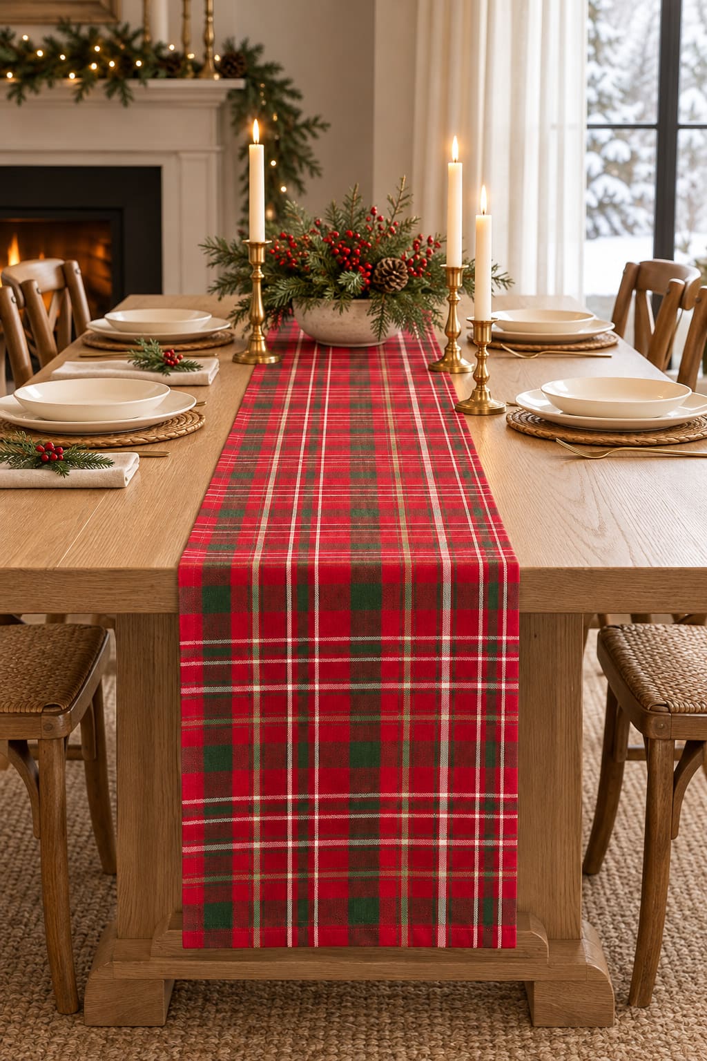 A long red-and-green tartan table runner draped over the end of a pale oak dining table with plain plates and brass candlesticks.