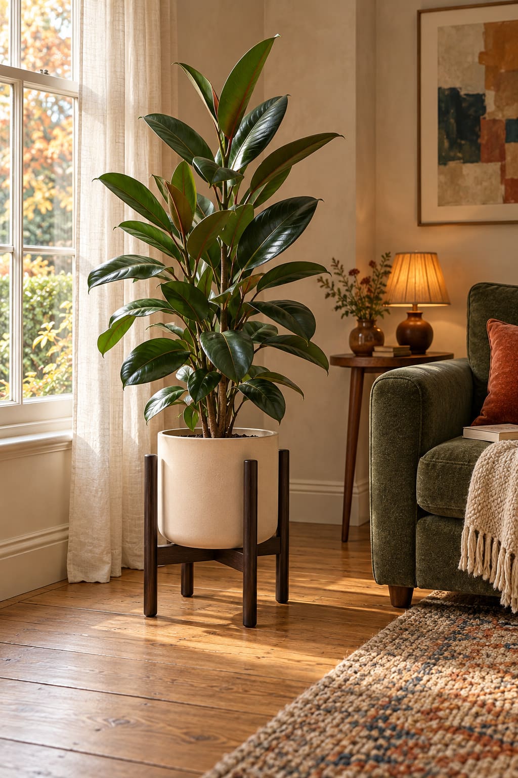 Illustrated reading corner with a tall rubber plant in an ivory pot on a dark bamboo stand, beside a green armchair, cream throw and sunlit sash window. A lamp glows beneath framed abstract art.