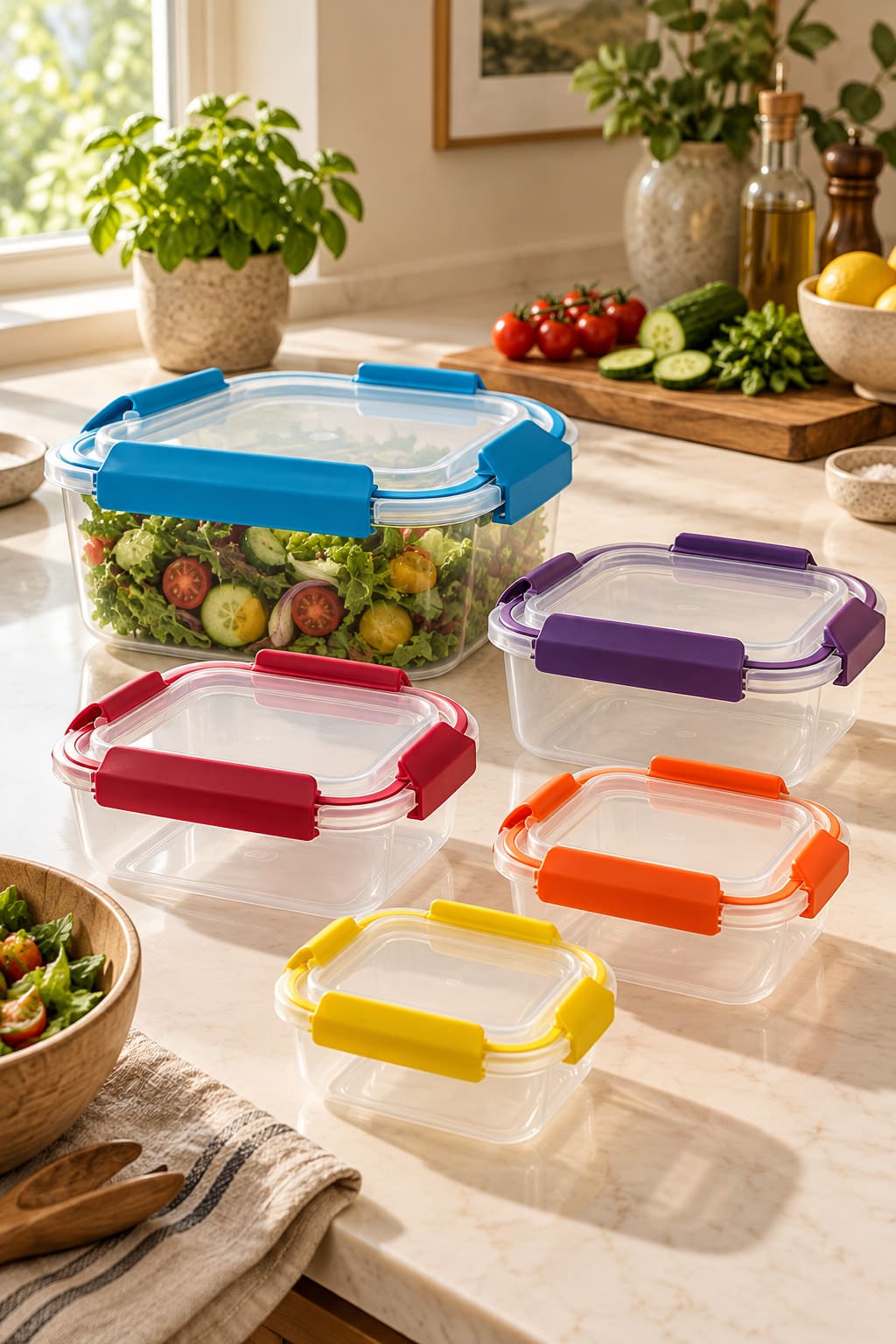 Five clear food containers with blue, purple, red, orange and yellow clip lids on a kitchen counter; the largest contains salad.