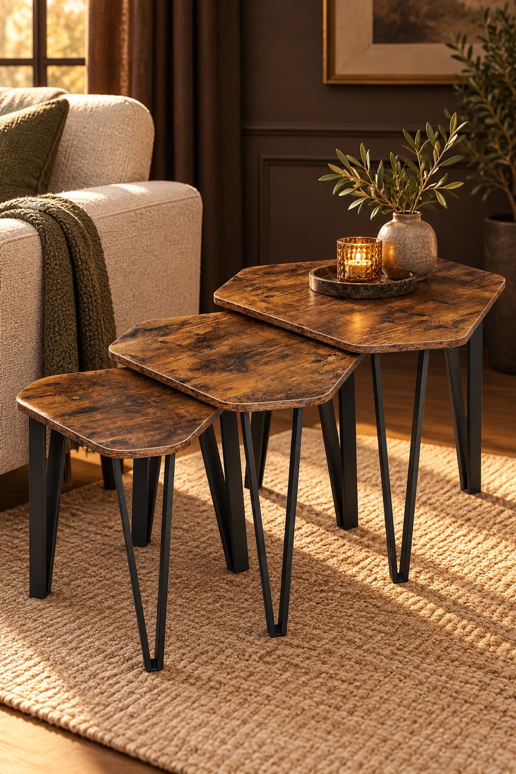 Three triangular wood-effect nesting tables on black tapered supports in a warm sitting room.