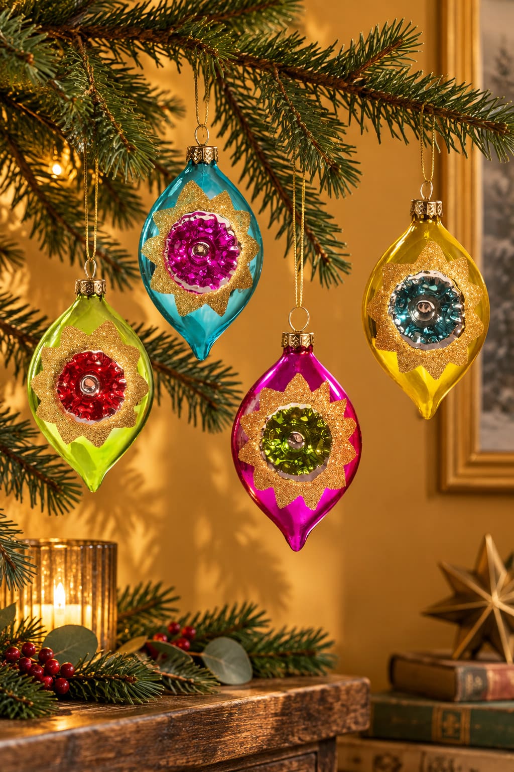 Four indented glass baubles in green, blue, pink-purple and yellow with gold details, hanging from evergreen branches.