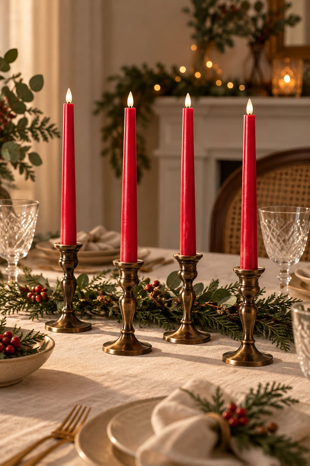 Four red LED taper candles in separate brass holders on a cream-covered dining table, with greenery and glassware behind.