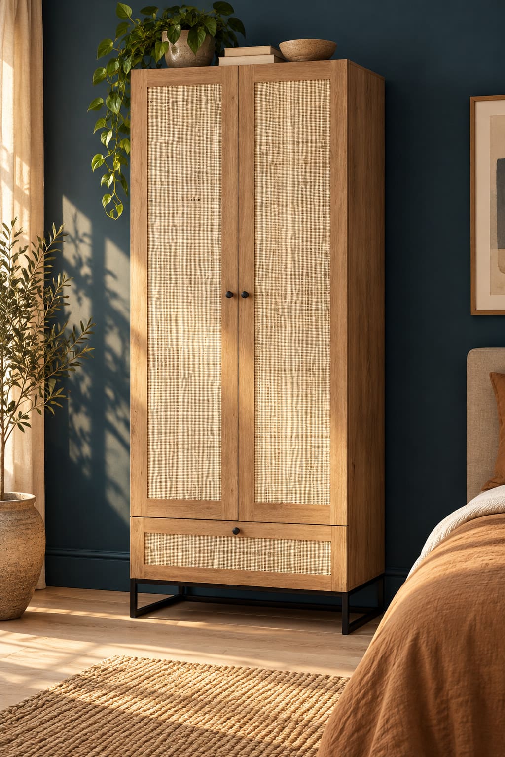 Oak-effect wardrobe with woven door panels and a black base against a deep petrol bedroom wall.