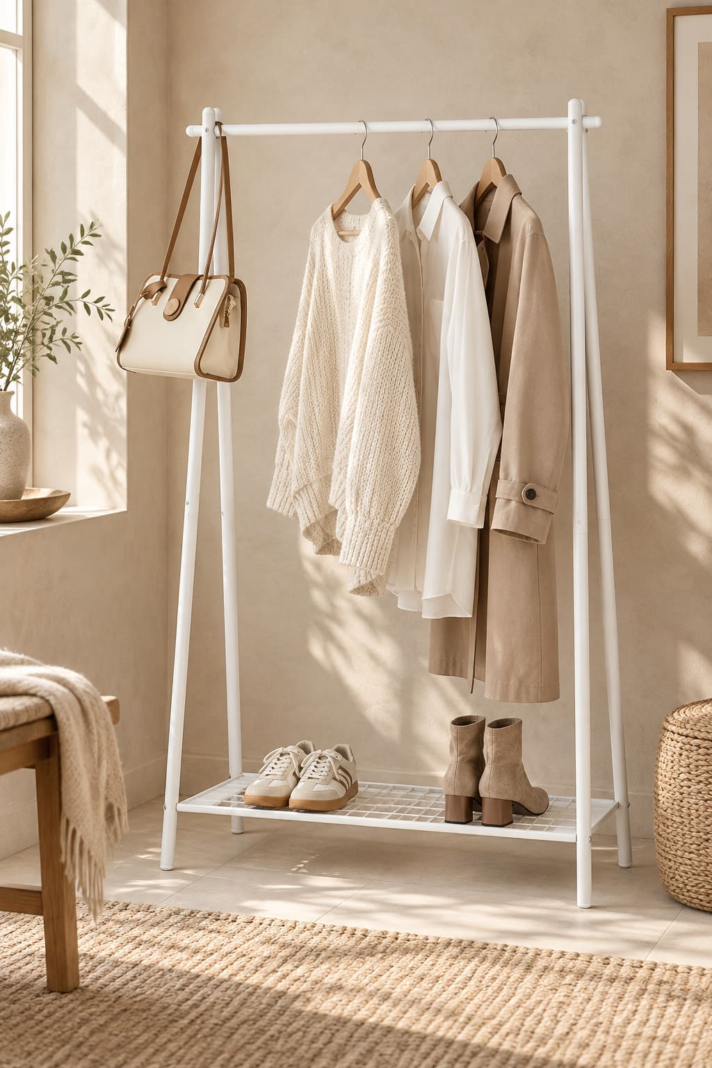 White open clothes rail holding a small selection of garments, with shoes on its lower shelf.