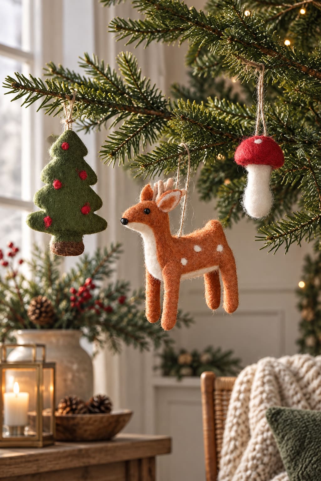 A felt fir tree, brown reindeer and red-and-white toadstool hanging from separate evergreen branches in a cosy sitting room.