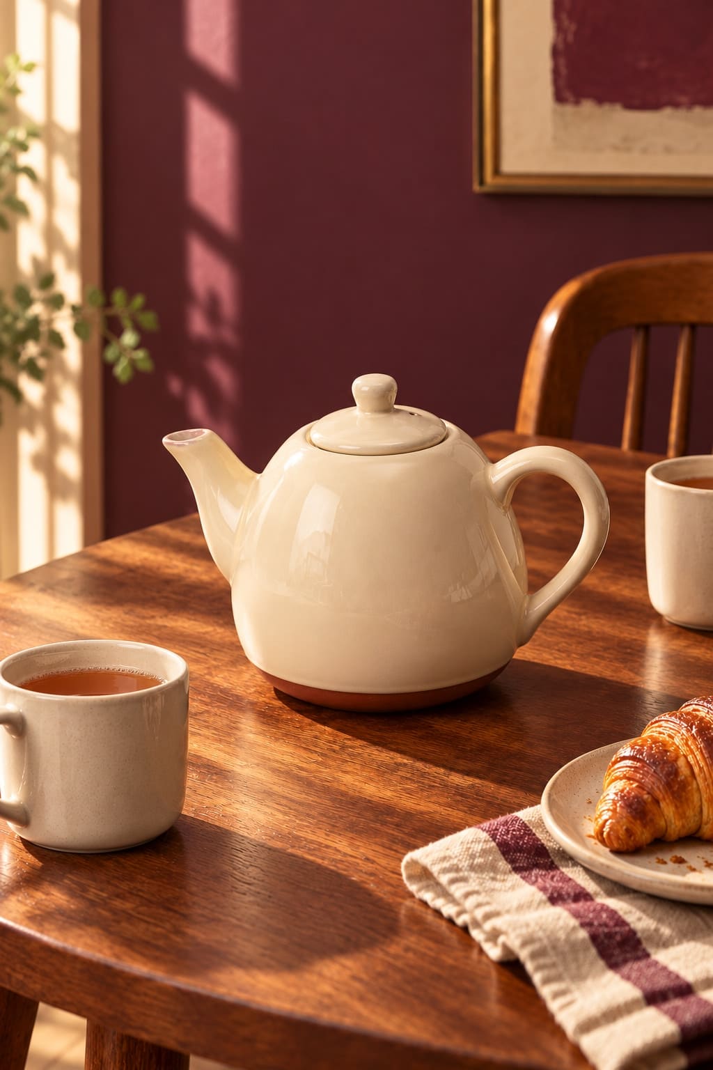 A rounded cream-glazed terracotta teapot beside two mugs on a chestnut table, against a plum-coloured wall.