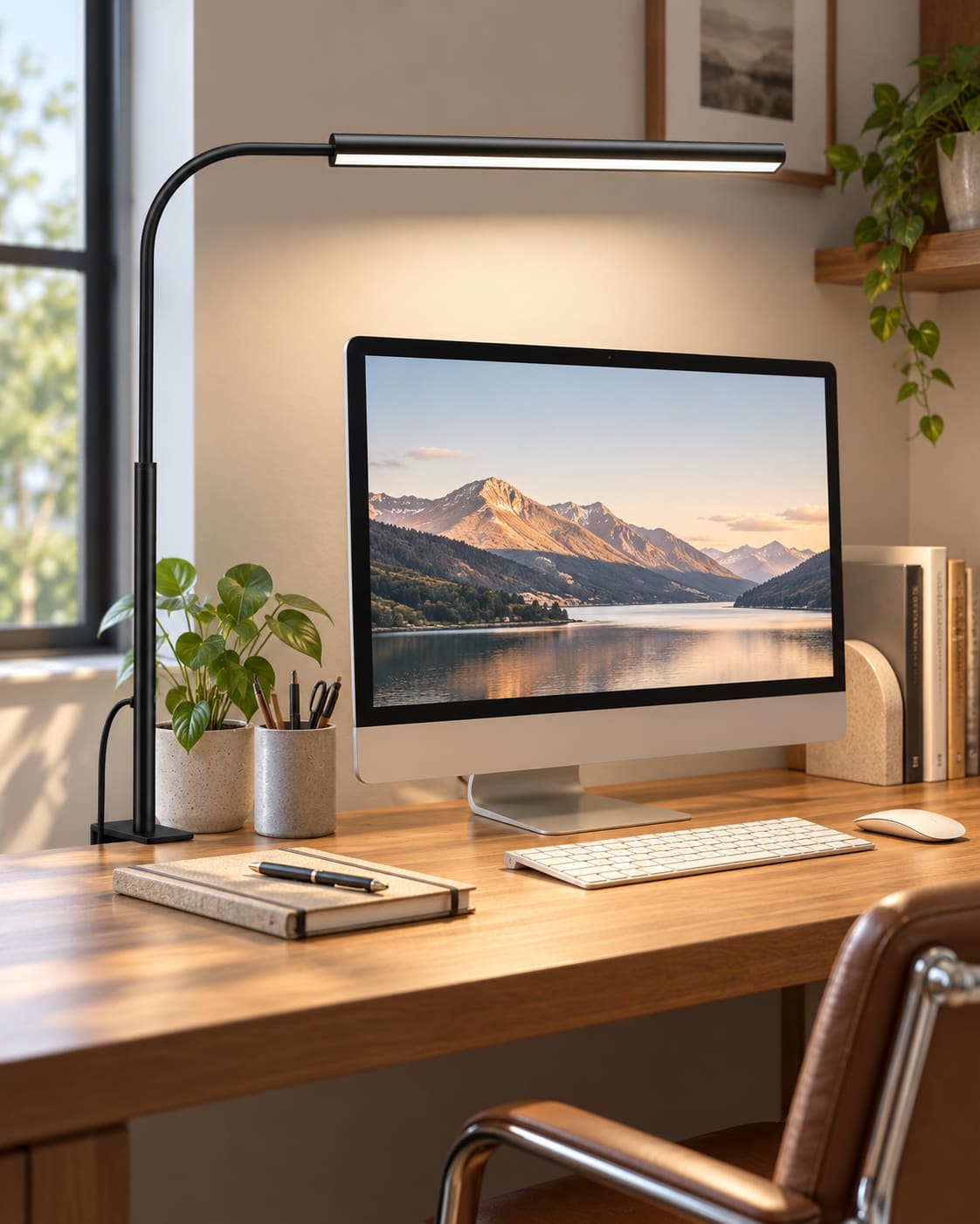 Room Study styling: a black clamp lamp over a monitor on a timber desk.