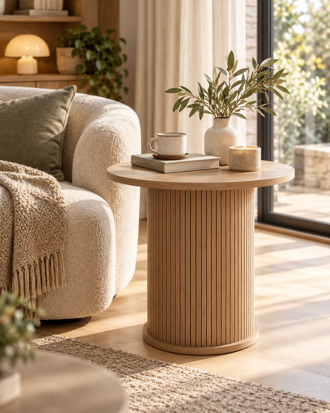 Room Study styling: a round slatted side table beside a cream armchair.