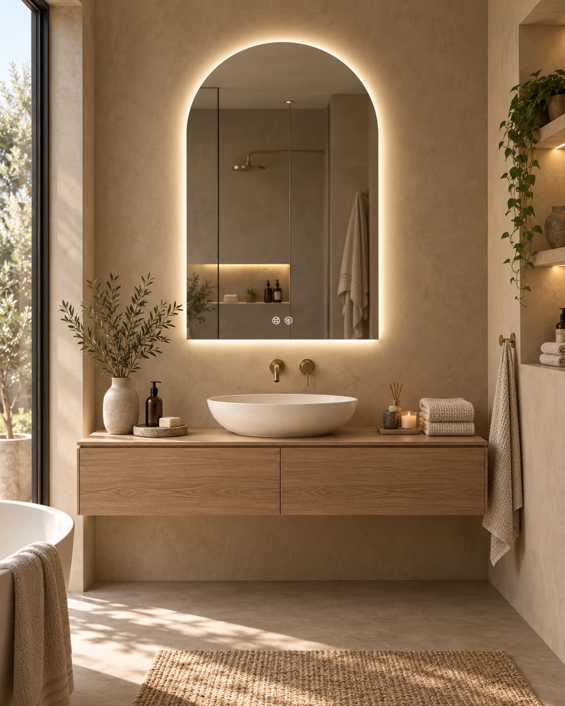 Room Study styling: a backlit arched mirror above a basin and timber vanity.