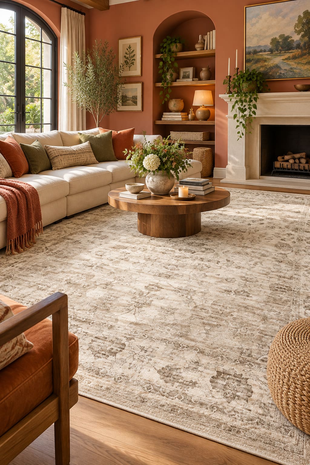 Room Study styling: a pale patterned rug connecting seating beneath terracotta walls.