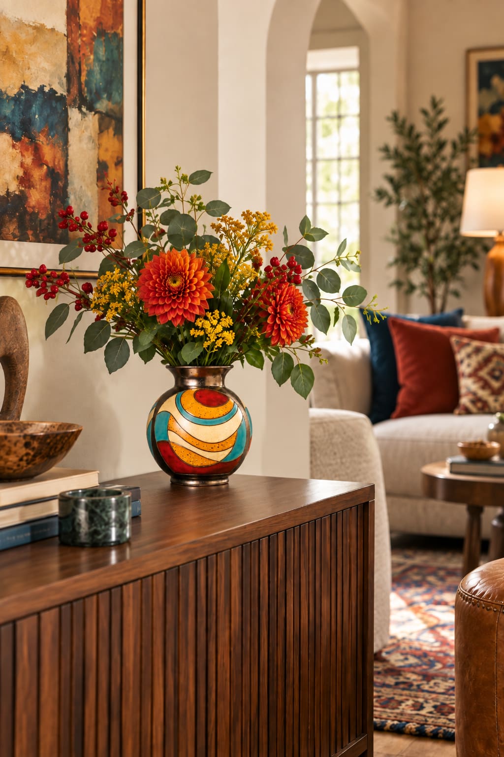 Room Study styling: a small colourful vase with orange flowers on a console.
