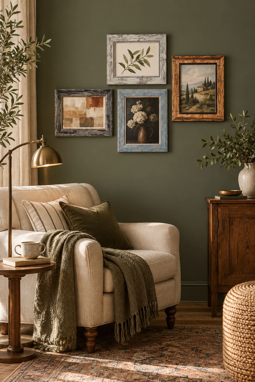 Room Study styling: four weathered picture frames grouped above a reading chair.