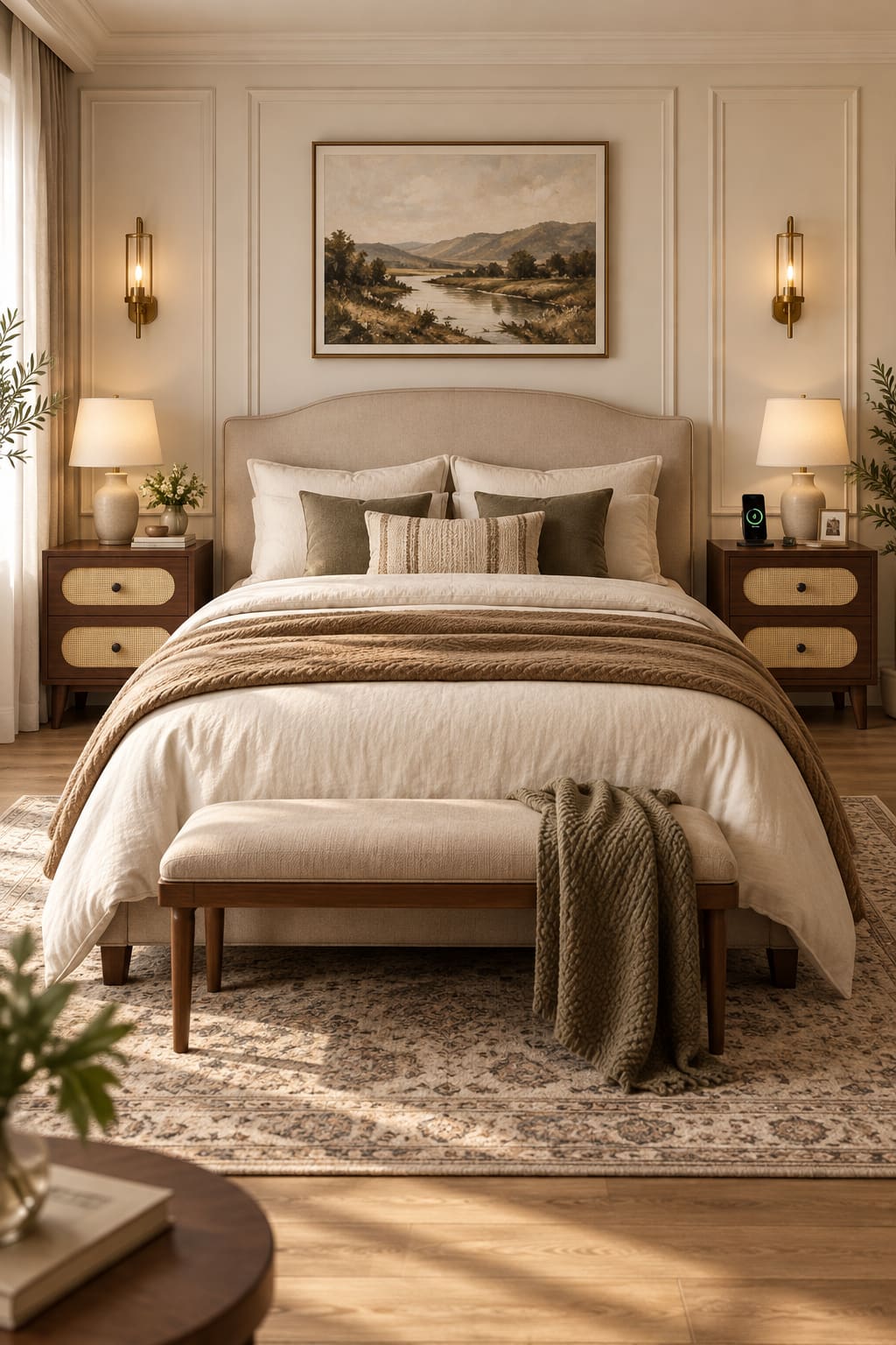Room Study styling: two walnut-toned rattan-front cabinets beside an upholstered bed.
