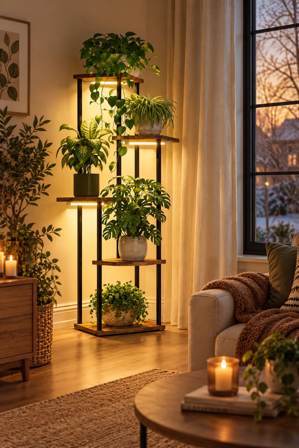 Room Study styling: five plant shelves with warm-looking integrated lights.