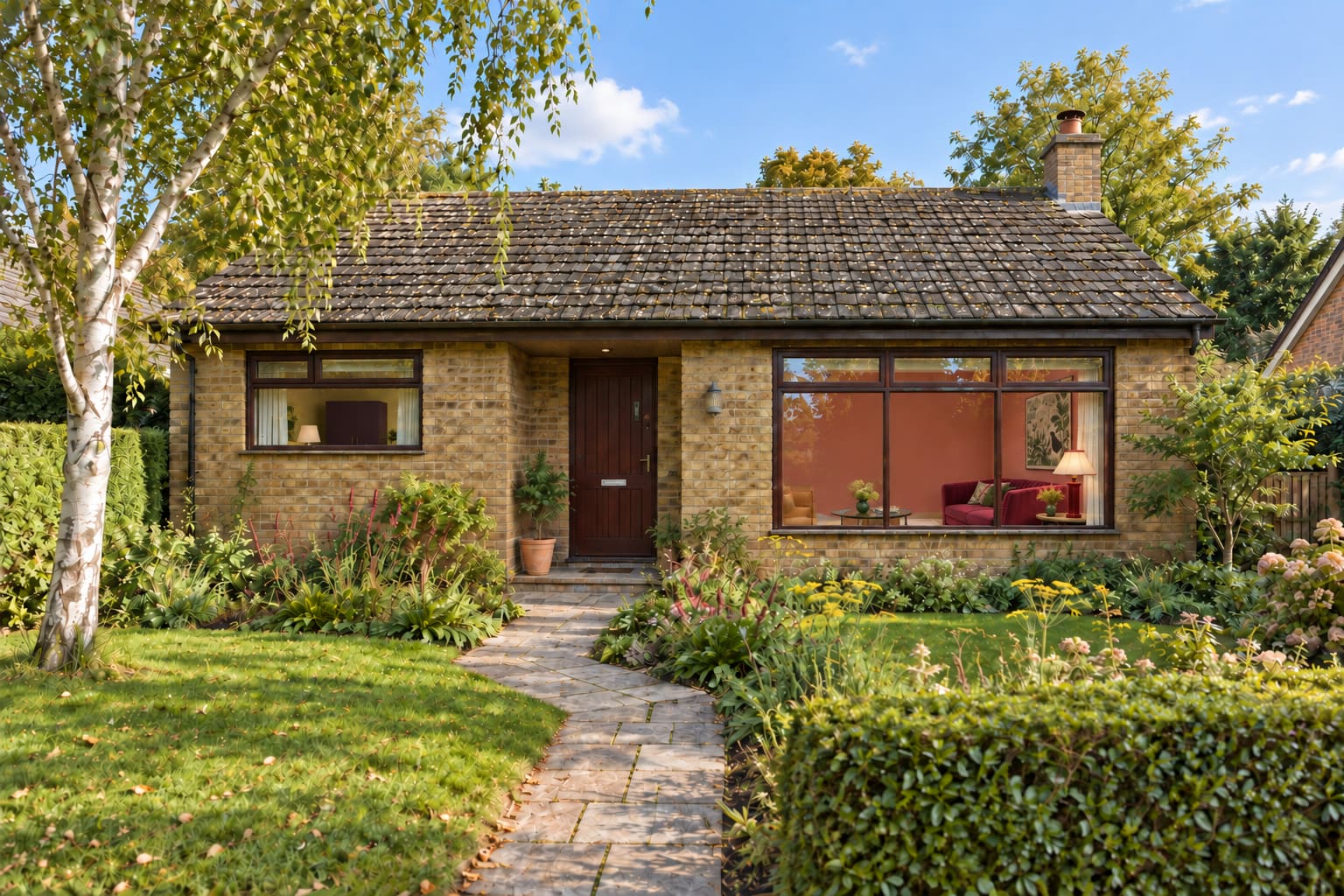 A low buff-brick bungalow with the bedroom to the left of the entrance and sitting room to the right.