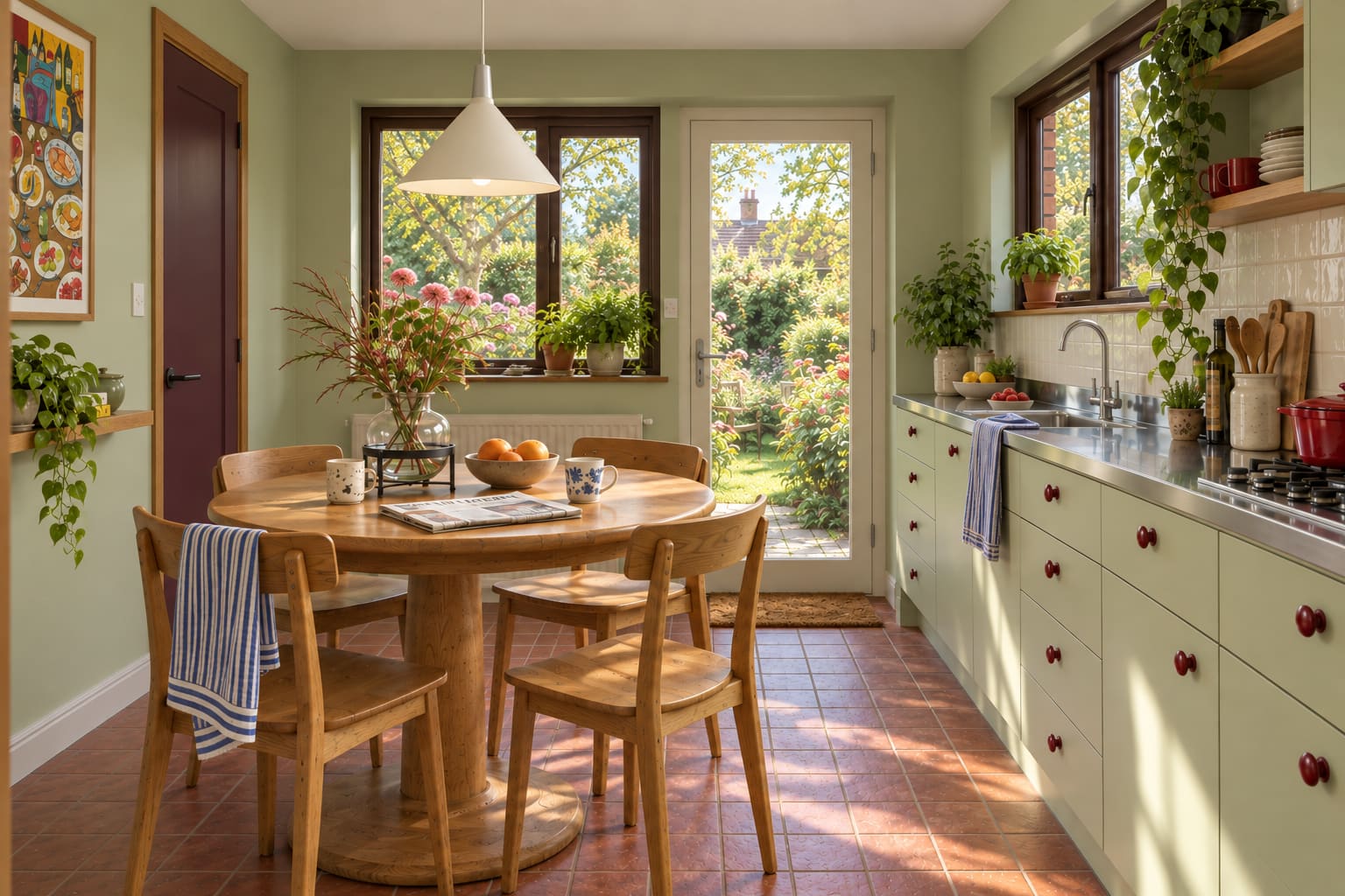 A green kitchen with its sink run on the right, round oak dining table on the left and a glazed rear garden door.