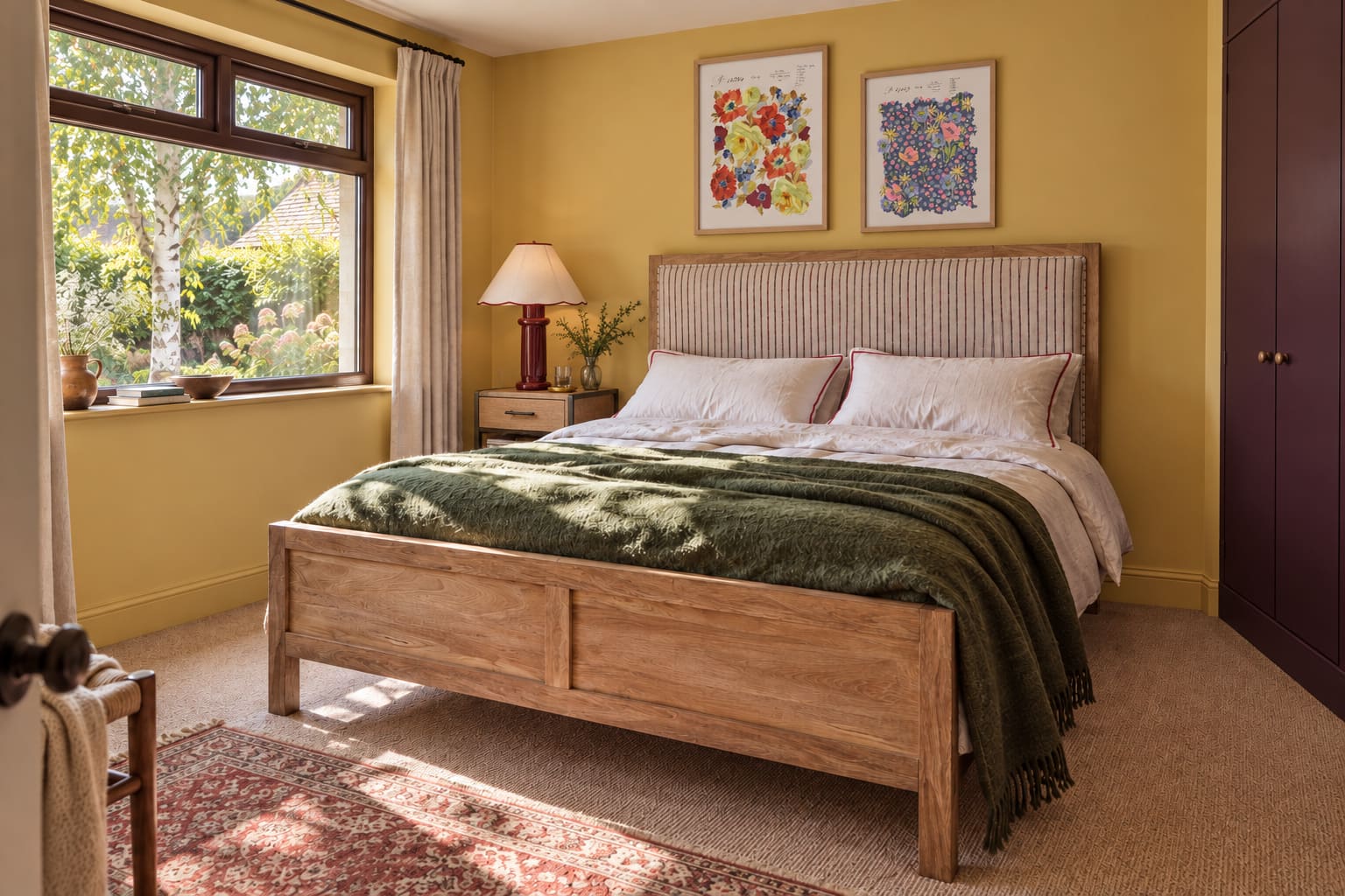 A yellow bedroom with striped timber bed, two floral prints, red column lamp and straight dark fitted wardrobes.