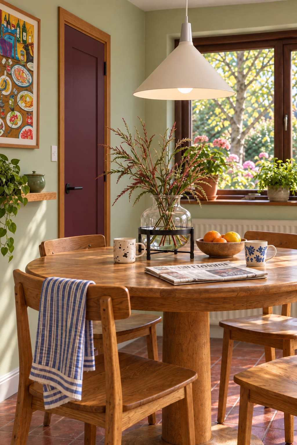 A colourful Dinner Party print, white conical pendant and clear glass vase above a round oak kitchen table.