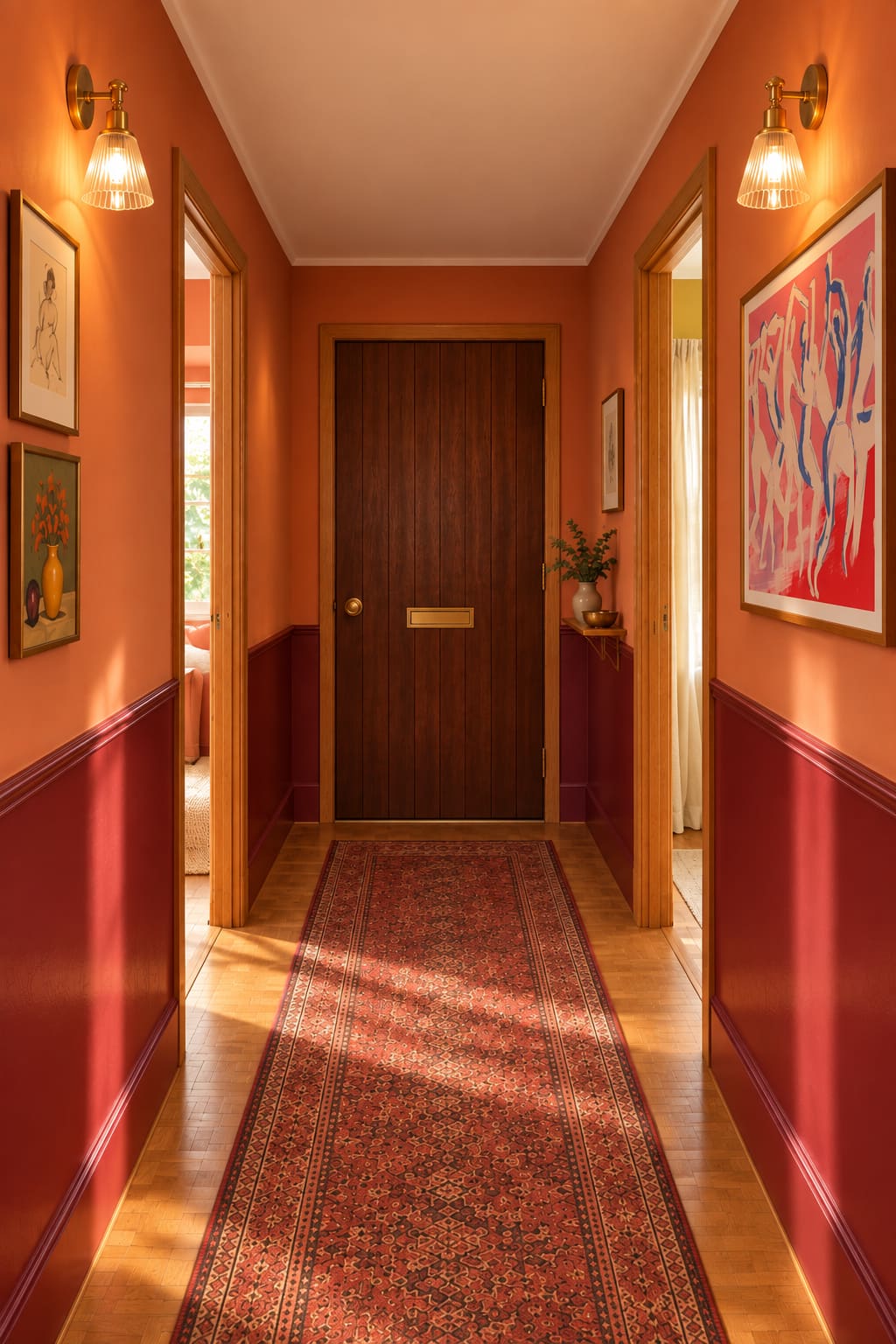 An apricot and oxblood hallway looking towards the closed front door, with the sitting-room entrance left and bedroom entrance right.