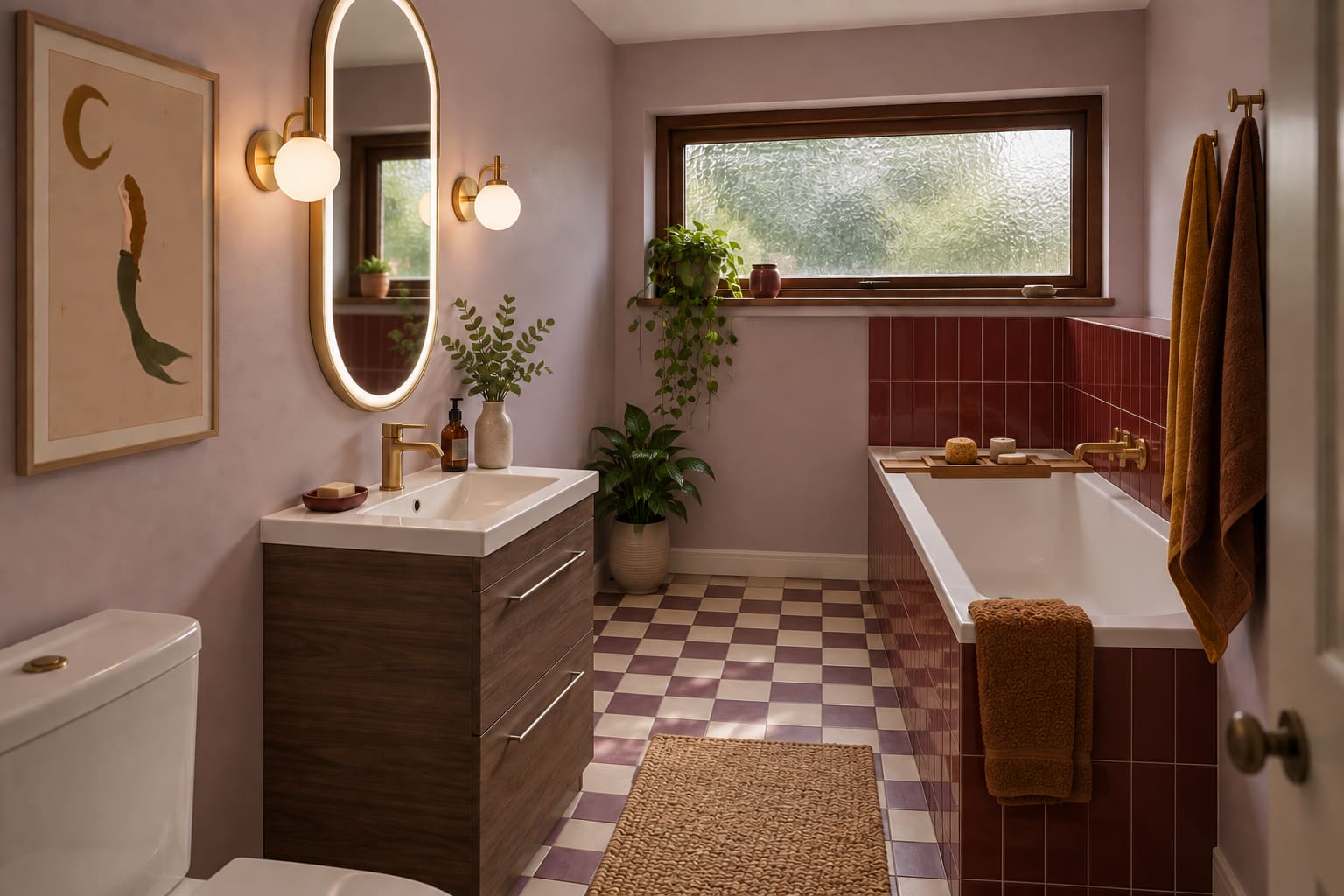 A lilac bathroom with oxblood bath tiles, plum chequerboard floor, timber vanity and illuminated oval mirror.