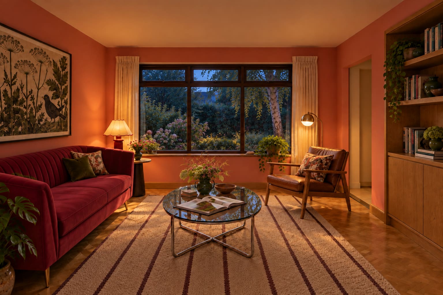 The wine-red sofa and coral sitting-room wall at dusk, lit by a red column lamp with a cream scalloped shade.