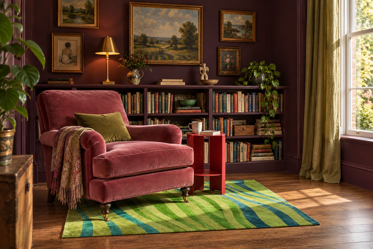 A dusty-rose armchair, lime and teal striped rug, red side table and brass lamp in a dark mulberry room lined with books and paintings.