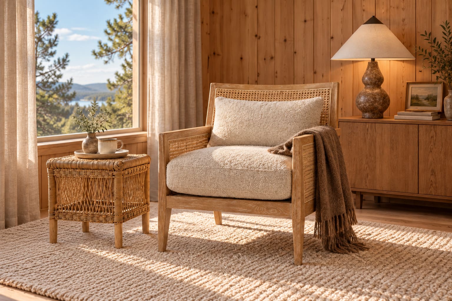 A cream-cushioned cane chair beside a rattan table in a pine-panelled room, with linen curtains, a wool rug and a lit marble table lamp.