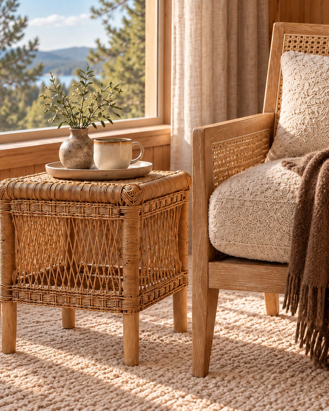 A ceramic tray and cup on a woven side table beside a cream chair and brown throw.