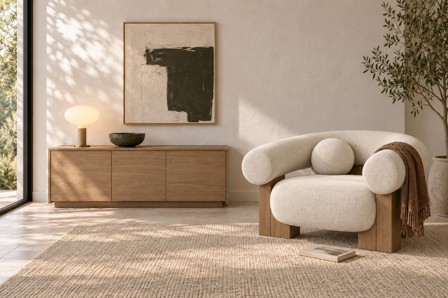 A broad ivory chair with cylindrical arms and oak supports, beside a low oak cupboard and small opal lamp in a pale sunlit room.