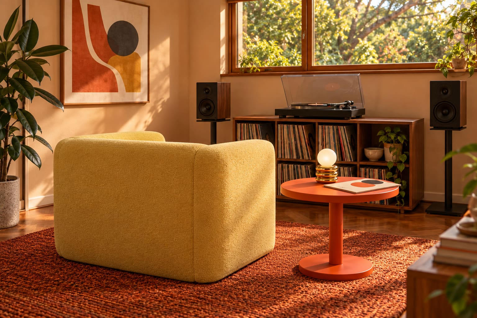 A yellow armchair and orange pedestal table with a small brass globe light, facing a walnut record cabinet and separate speakers.