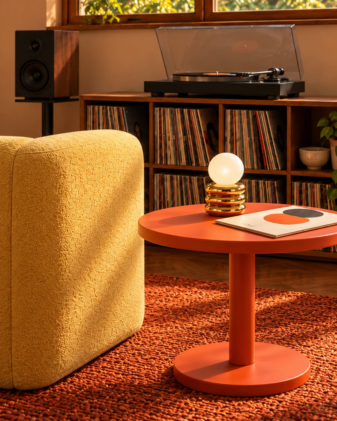 A small brass ring lamp and illustrated record sleeve on an orange pedestal table, beside a yellow chair.