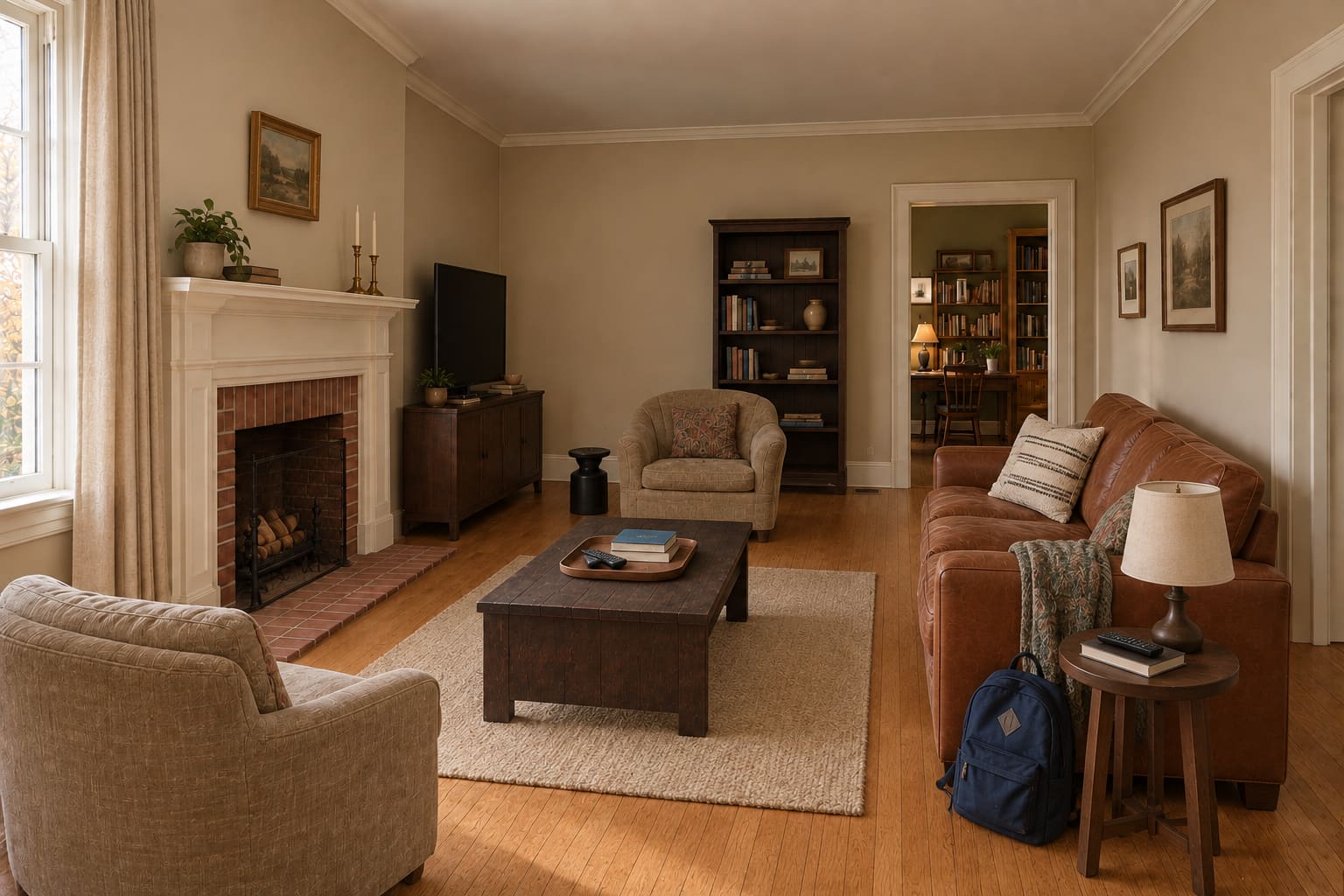 Before: the leather sofa faces the fireplace across an empty centre, with pale walls and curtains.