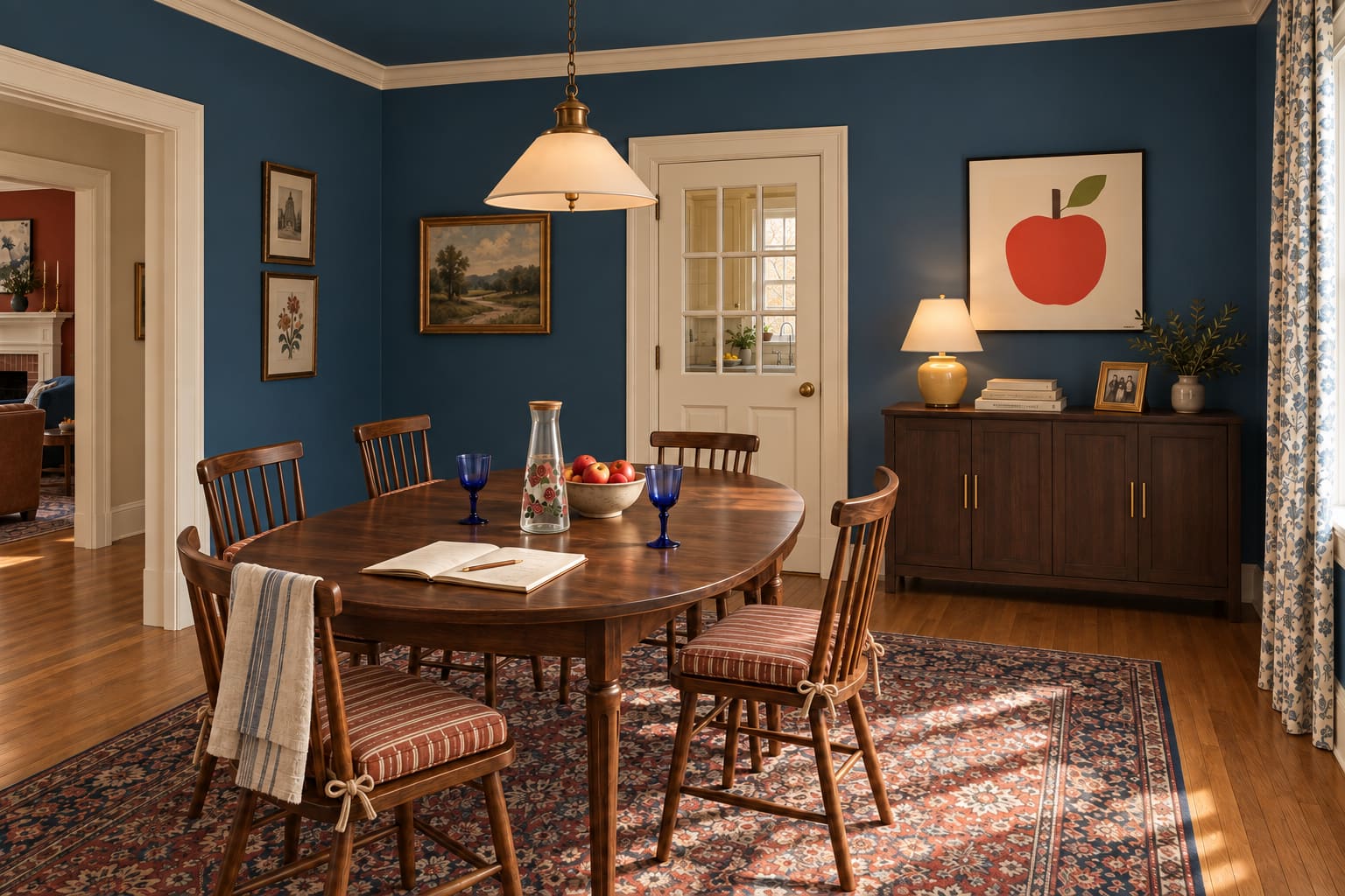 Blue continues over the ceiling. Striped cushions soften the wooden chairs, and the sideboard keeps everyday supplies near the table.
