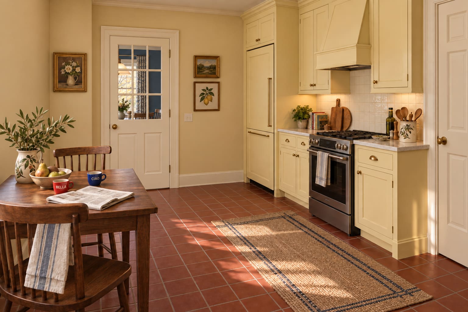 Butter-yellow cabinets and red quarry tiles, seen from the kitchen towards the blue dining room through the glazed door.