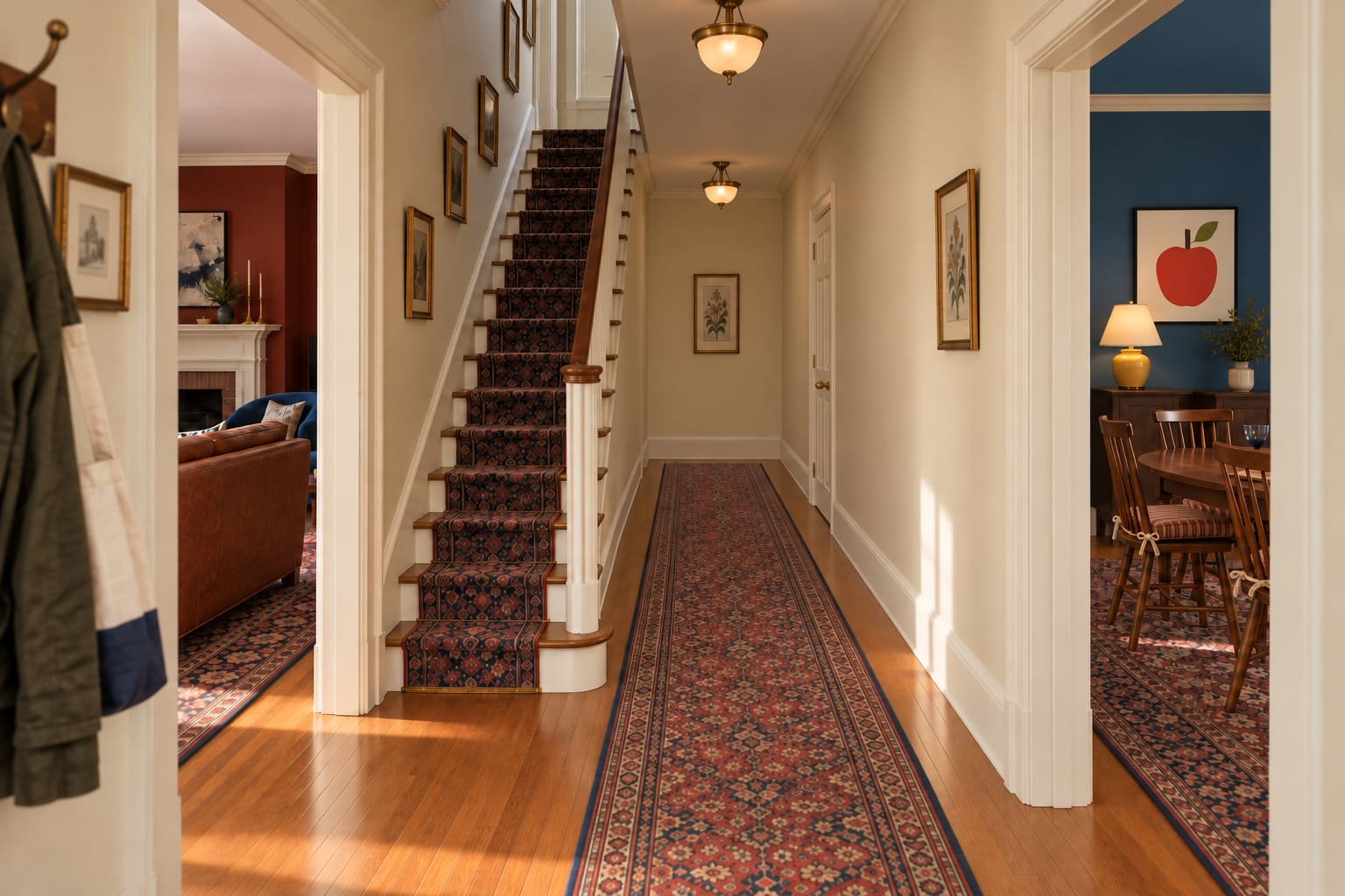 The central hall connects the front rooms with the kitchen further back, giving each room its own entrance.