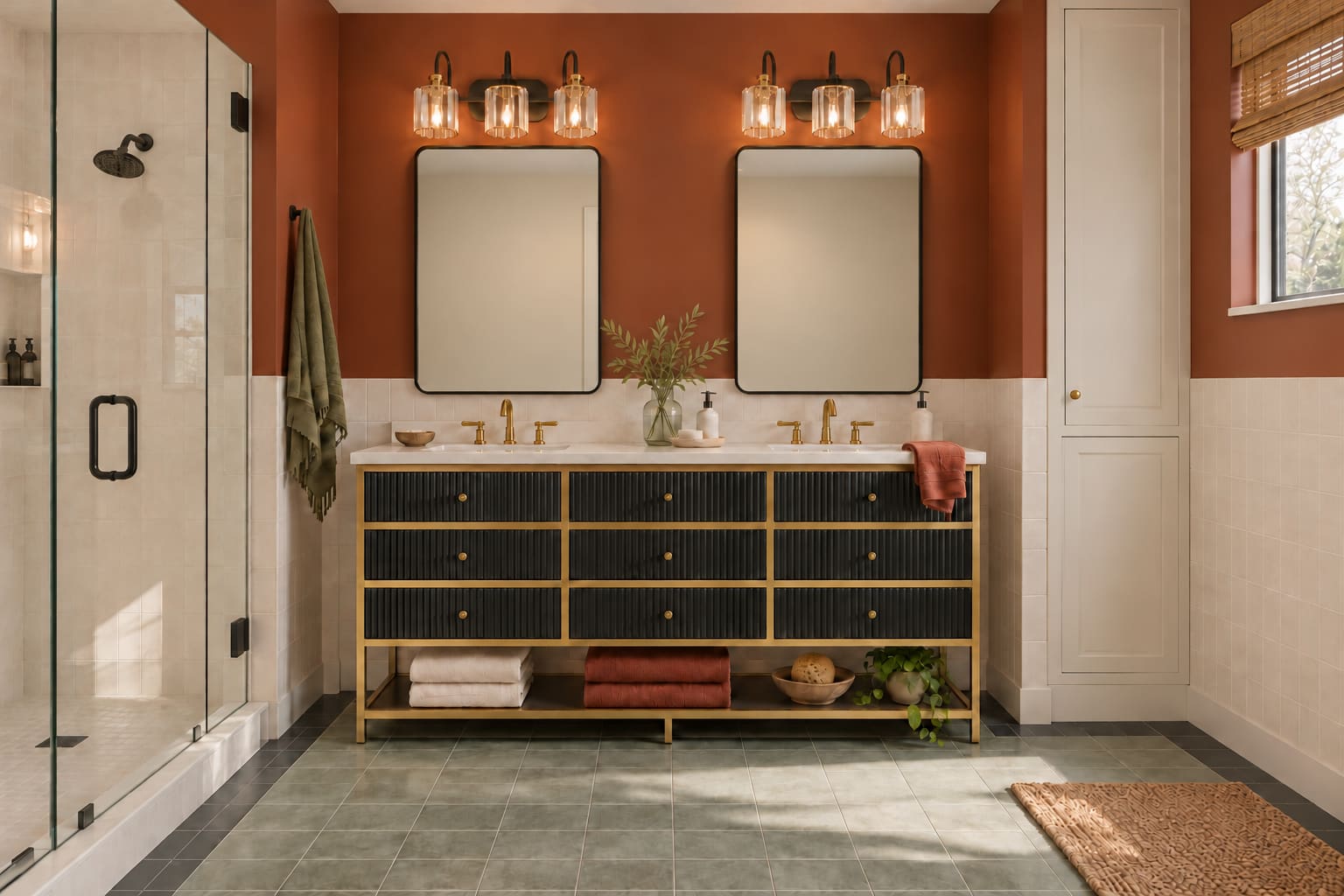 Brick-red bathroom with a black double vanity, a pair of black-framed mirrors and decorative wall lights.