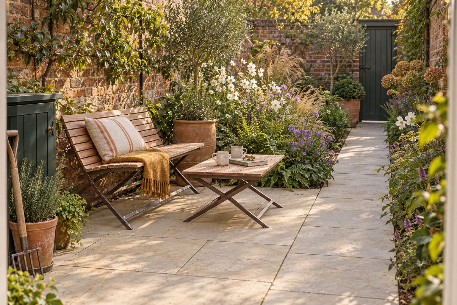 A small brick-walled garden with an acacia bench and table, rich autumn planting and a clear paved path to a green gate.