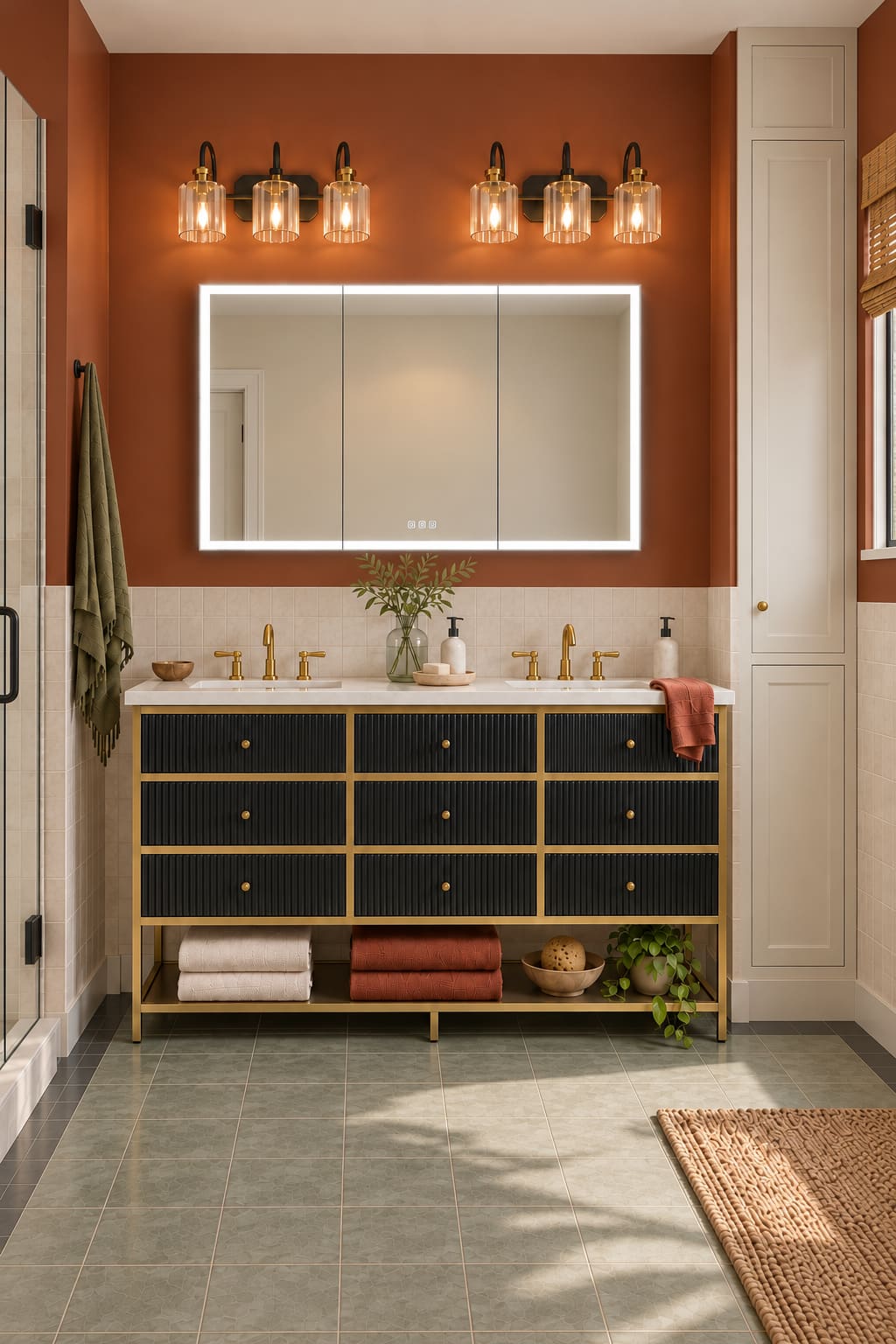 A wide Rim mirrored bathroom cabinet with an illuminated border and visible door seams above a double vanity.