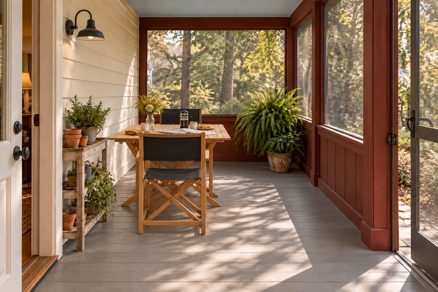 A screened porch with oxblood posts, teak table, black sling chairs and a clear route between the house and garden.