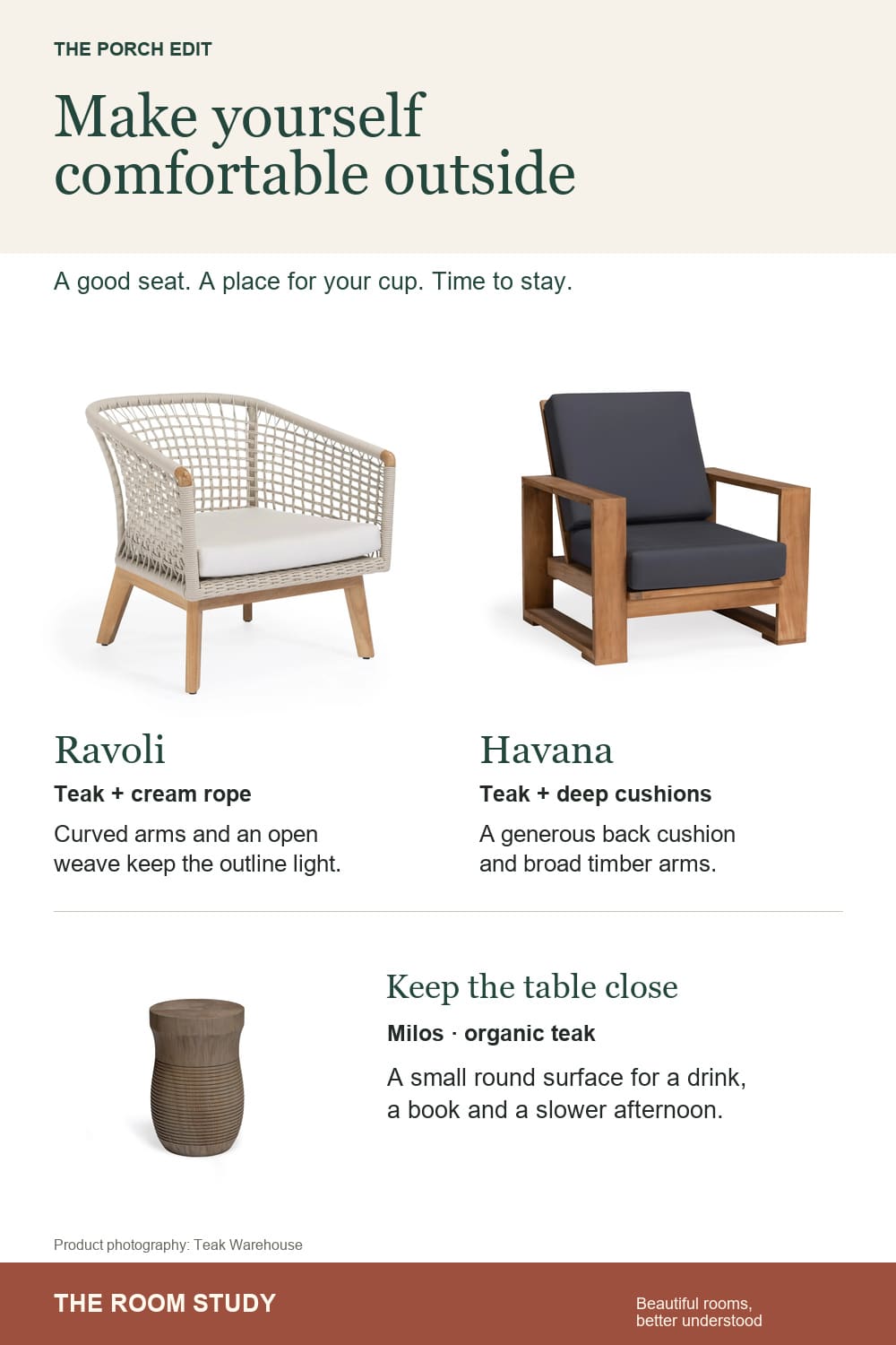 Product photographs of the Ravoli and Havana outdoor lounge chairs with the Milos teak side table.