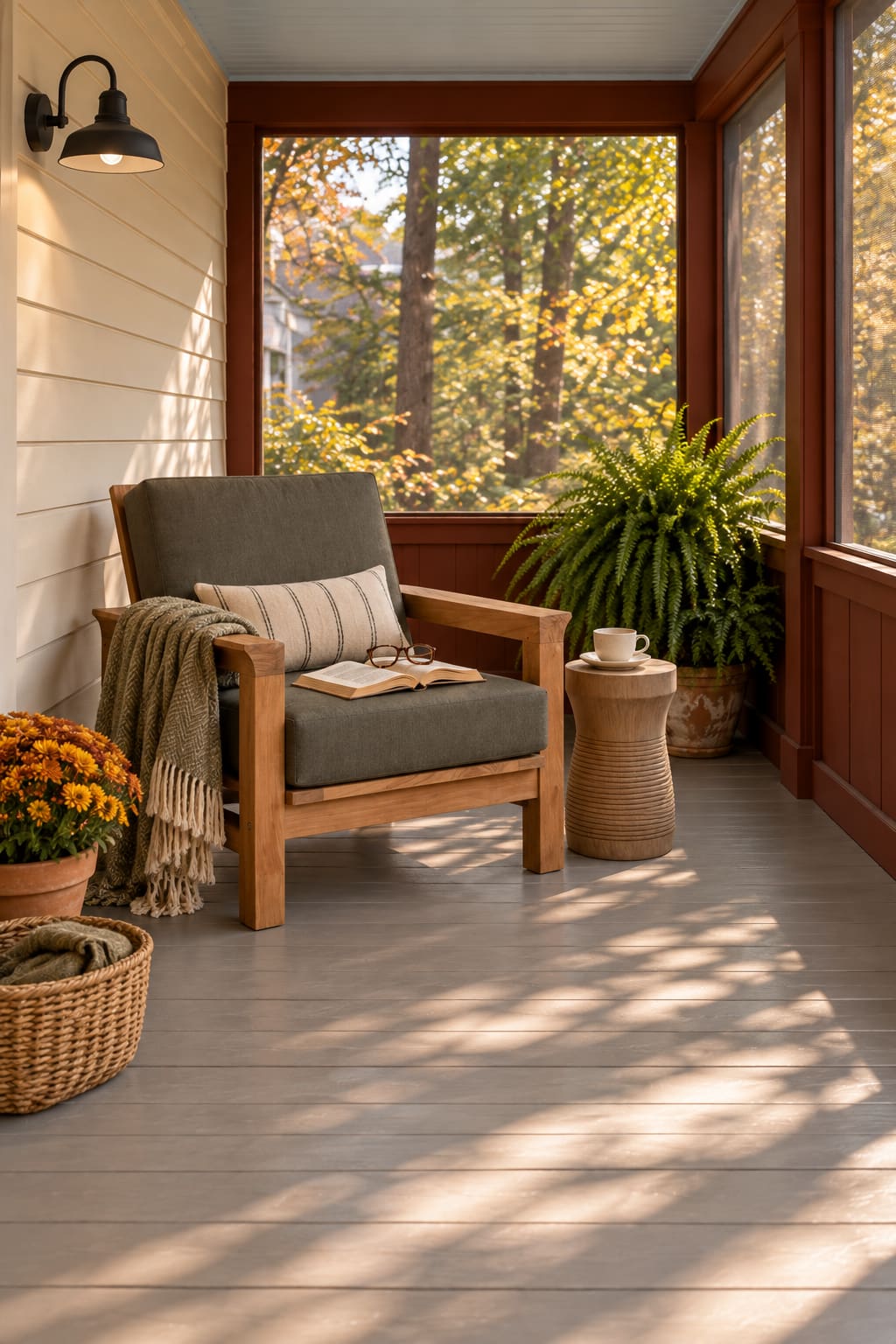 A cushioned teak Monterey club chair beside a sculptural Milos teak side table on a furnished porch.